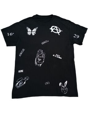 Black Graphic Tee with White Punk Illustrations